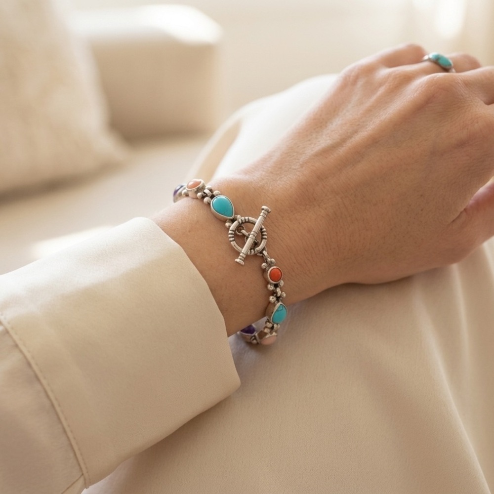 Sterling Silver SH Multi Stone Toggle Bracelet Turquoise Coral Amethyst Artisan - Picture 2 of 12